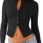 Womens Long Sleeve Tops Fall Lightweight Cardigan Cropped Going Out Shirts Ribbed Button Down Cute Trendy 2025