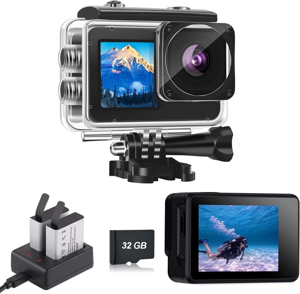 Action Camera with 32GB Memory Card Waterproof Cameras 4*Zoom Dual Screen 131FT(40m) Waterproof Underwater Camera with 2X Batteries and Multifunctional Accessories Action Cam
