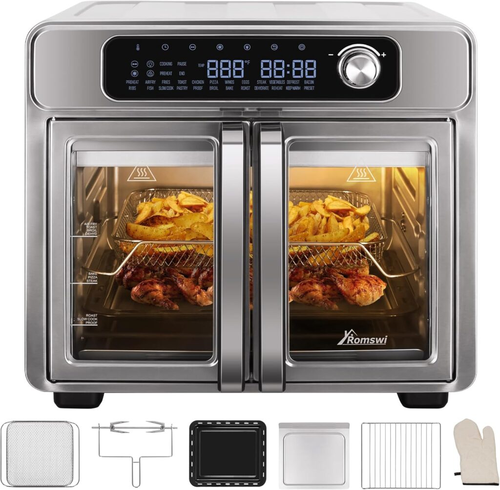 Romswi 26QT French Door Air Fryer Toaster Oven Combo, 24 Cooking Functions and Digital Controls, Fits 12″ Pizza, 6 Slices of Toast, Rotisserie 6lb Chicken, 6 Accessories Included