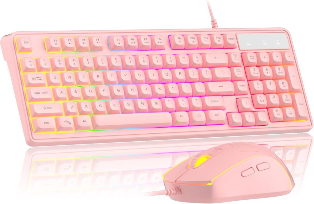 Pink Creamy Keyboard and Mouse Combo,MageGee GK980 Wired RGB Backlit Keyboard and Pink Gaming Mouse Combo,PC Keyboard and Adjustable Sensitivity Mouse for PC/loptop/MAC