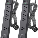 2 Pack Power Strip Surge Protector – 5 Widely Spaced Outlets 3 USB Charging Ports, 1875W/15A 6Ft Braided Extension Cord, Flat Plug Overload Protection, Wall Mount for Home Office Dorm Room Essentials