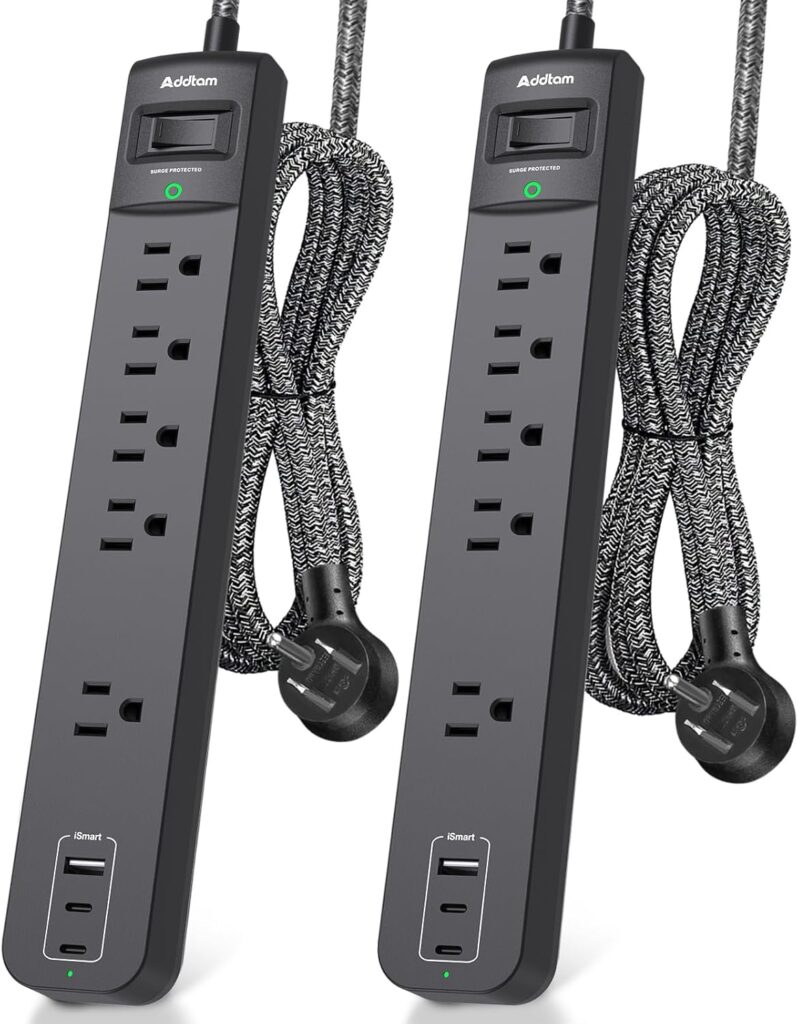 2 Pack Power Strip Surge Protector – 5 Widely Spaced Outlets 3 USB Charging Ports, 1875W/15A 6Ft Braided Extension Cord, Flat Plug Overload Protection, Wall Mount for Home Office Dorm Room Essentials