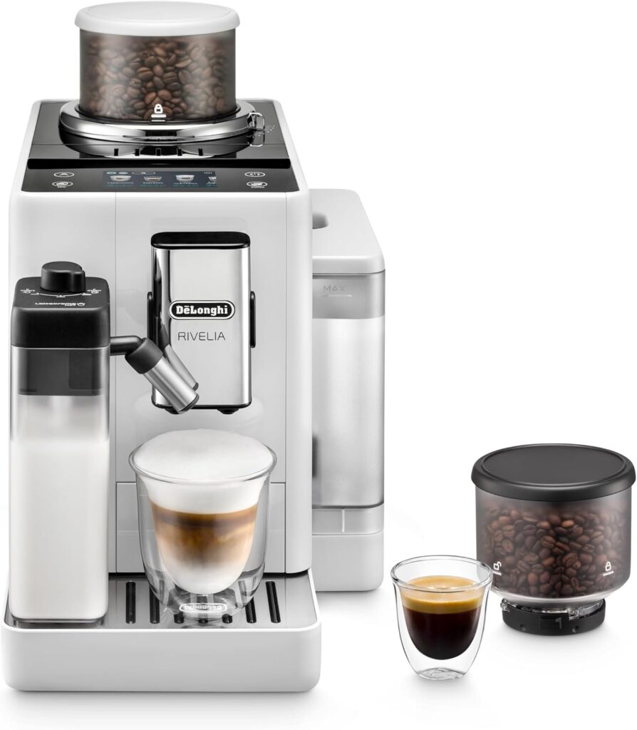 De’Longhi Rivelia Automatic Espresso Machine with Grinder & Milk Frother β All-in-One Coffee Maker, Hot & Iced Latte, Cappuccino, Bean Switch System, Burr Grinder, Compact Italian Design, White