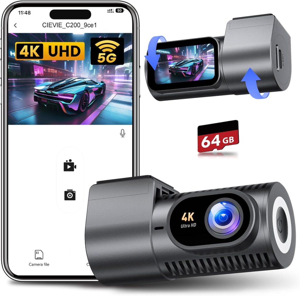 Dash Cam Front 4K – 1.5″ IPS Display & 5G WiFi & 64G Card, 360° Rotation Mini Dashcam, Car Camera with WDR Night Vision, 24H Parking Mode, G-Sensor, Loop Recording,170° Angle, Dash Camera for Cars