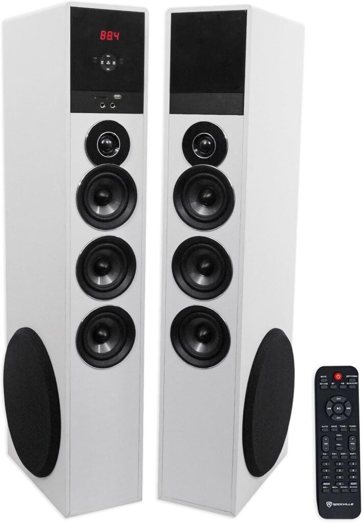 Rockville TM150W Powered Home Theater Tower Speaker System, White, 1000W, 10″ Subwoofers, Bluetooth, USB/SD Playback, FM Radio, Remote Control, Karaoke Ready, Perfect for Home Entertainment
