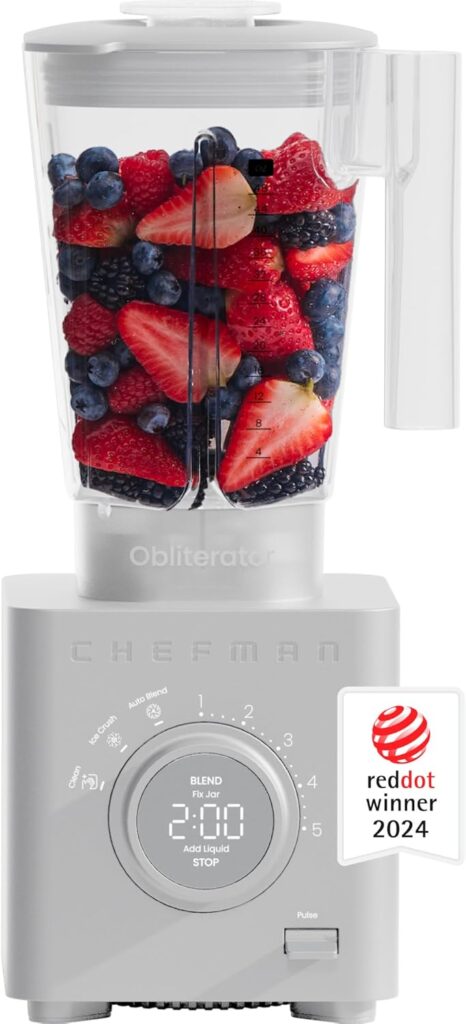 Chefman Obliterator 48 oz Countertop Blender for Smoothies, 1380W Motor to Crush Ice, Nuts, and Frozen Fruit with Stainless Steel Blade, Auto Blend Function, Includes Tamper and Scraper – Concrete