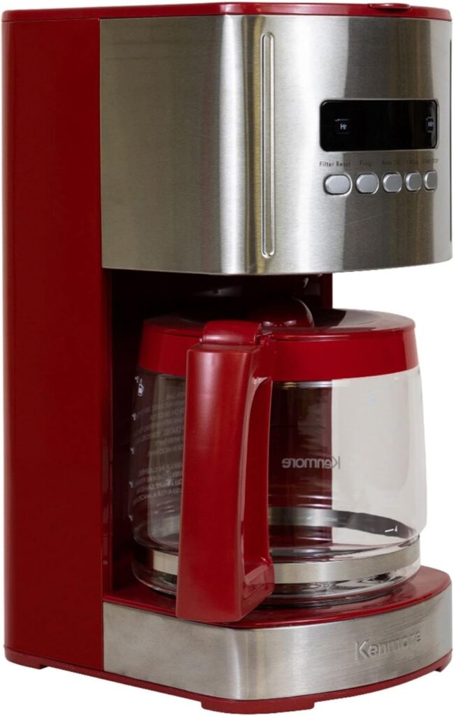 Kenmore Drip Coffee Maker – Programmable Cafe Machine With Glass Pot, Regular & Bold Brew, Auto Shut Off Large Water Reservoir, Reusable Filter, Kitchen Appliances For Cafeteria Barista, 12 Cup Red