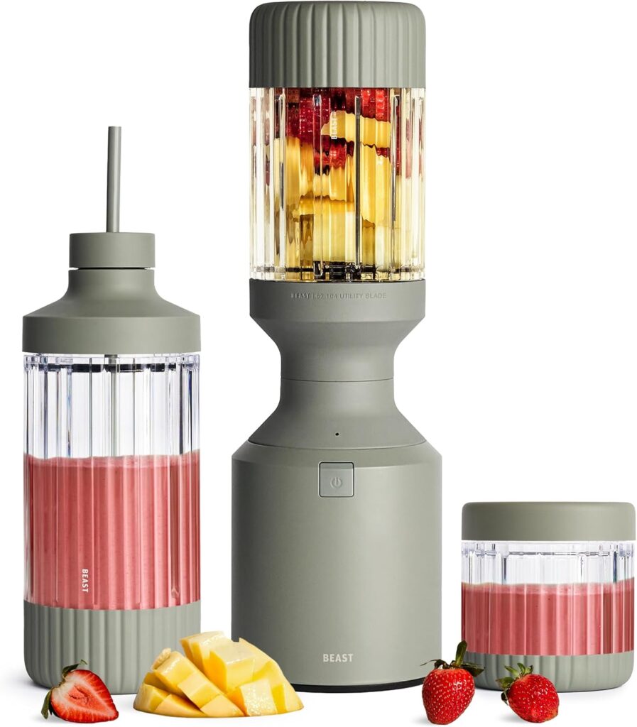 Beast Mega 1200 Plus | Premium Countertop Blender | Smoothies, Shakes, Sauces, Dips, Soups | Blends Ice and Frozen Fruit | XL Vessel | With Extra Vessels, Straw System | 1200W | (Sage, 120V)