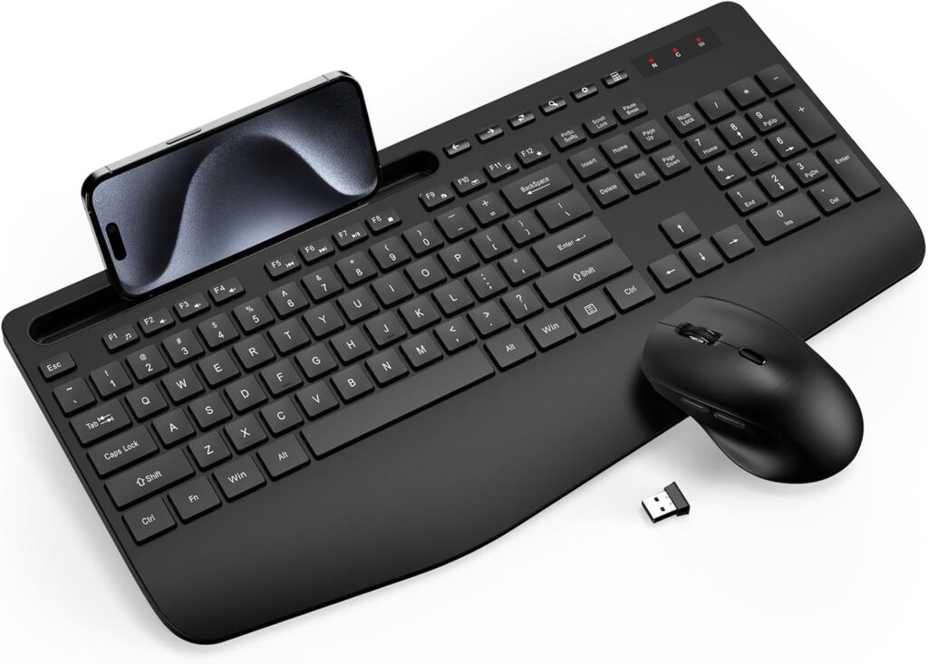 Wireless Keyboard and Mouse Combo – Full-Sized Ergonomic Keyboard with Wrist Rest, Phone Holder, Sleep Mode, Silent 2.4GHz Cordless Keyboard Mouse Combo for Computer, Laptop, PC, Mac, Windows -Trueque
