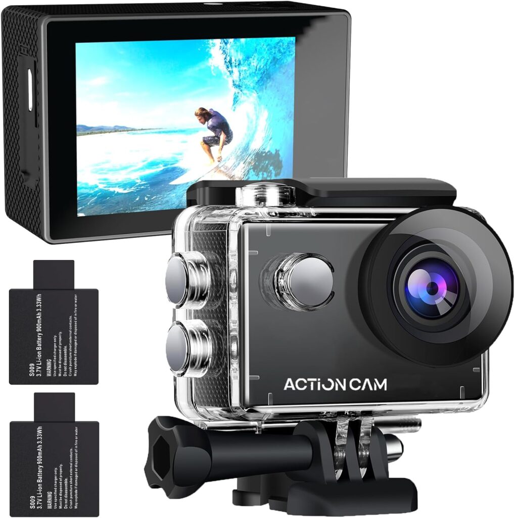 Action Camera 1080P 30fps Sports Camera 40m/131ft Underwater Waterproof with 2 Batteries and Multi-Function Accessory