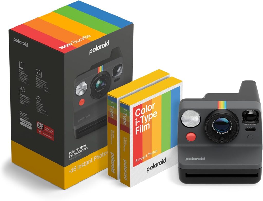 Polaroid Now 3rd Generation I-Type Instant Camera + Film Bundle – Now Black Camera + 16 Color Photos (6560)