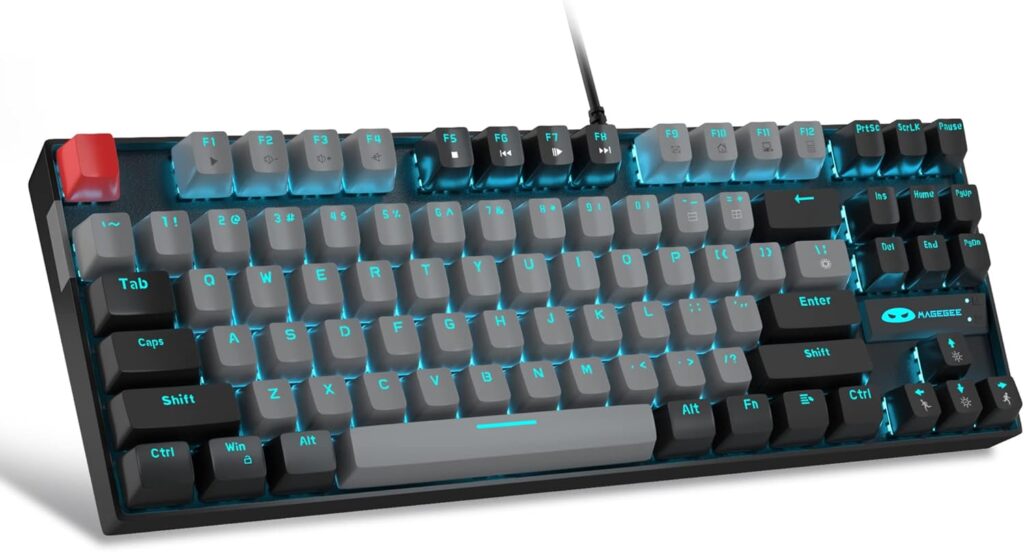 MageGee 75% Mechanical Gaming Keyboard, Blue Switch, LED Backlit, 87 Keys Compact TKL Wired Computer Keyboards for Windows Laptop PC Gamer – Grey/Black