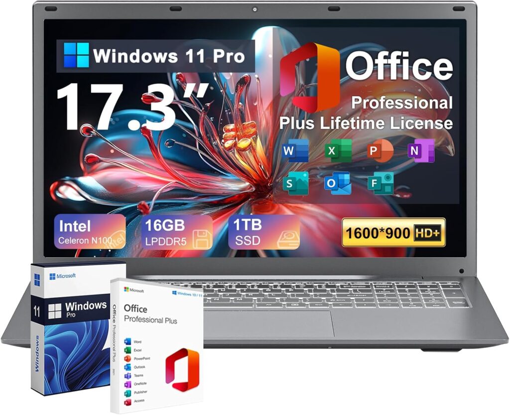 2025 Laptop 17 17.3 Inch HD+ for Students and Business, 16GB DDR5 RAM, 1TB SSD, Intel 4-Core N100(Beat to i3-1115G4, Up to 3.4GHz), Backlit Keyboard, Fingerprint, Type-C, MS Office, Windows 11 Pro