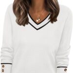 WIHOLL Lightweight Sweaters for Women Long Sleeve V Neck Knit Outfits with Decorative Buttons