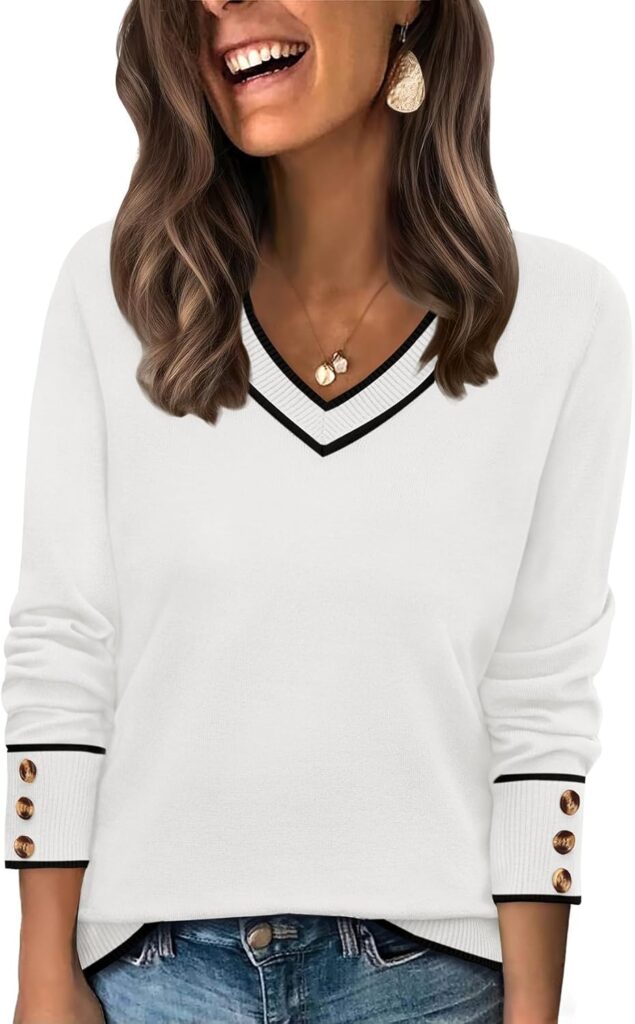 WIHOLL Lightweight Sweaters for Women Long Sleeve V Neck Knit Outfits with Decorative Buttons