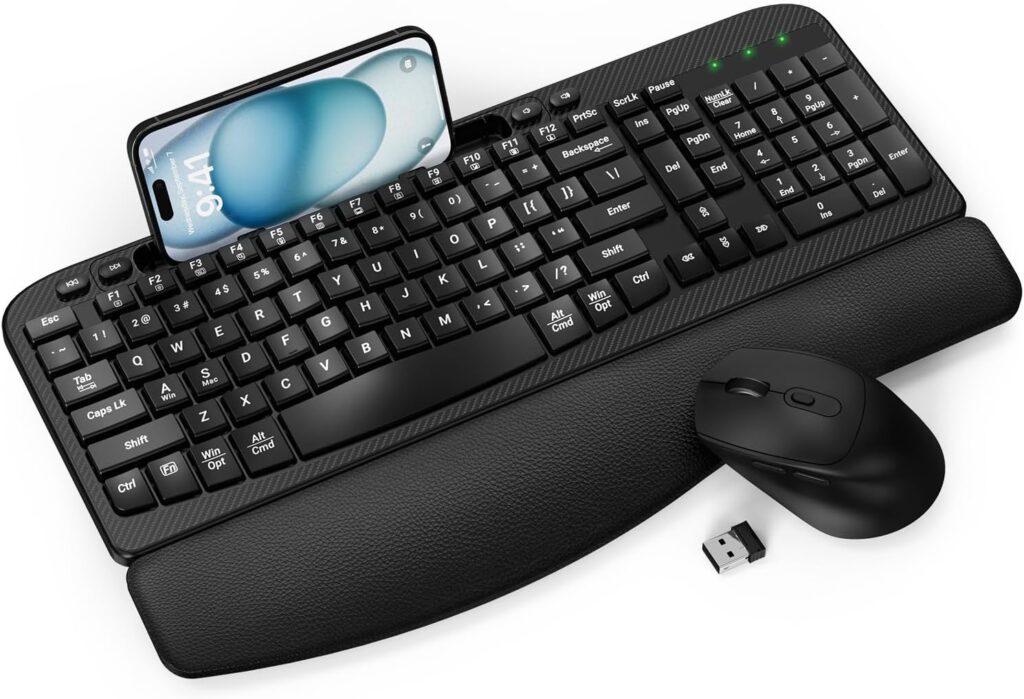 Wireless Keyboard and Mouse Combo, Wave Keys Full-Sized Ergonomic Keyboard with Cushioned Plam Rest, Phone Holder, Comfortable Natural Typing, 2.4G Cordless Set for Computer, Laptop, PC, Mac, Windows