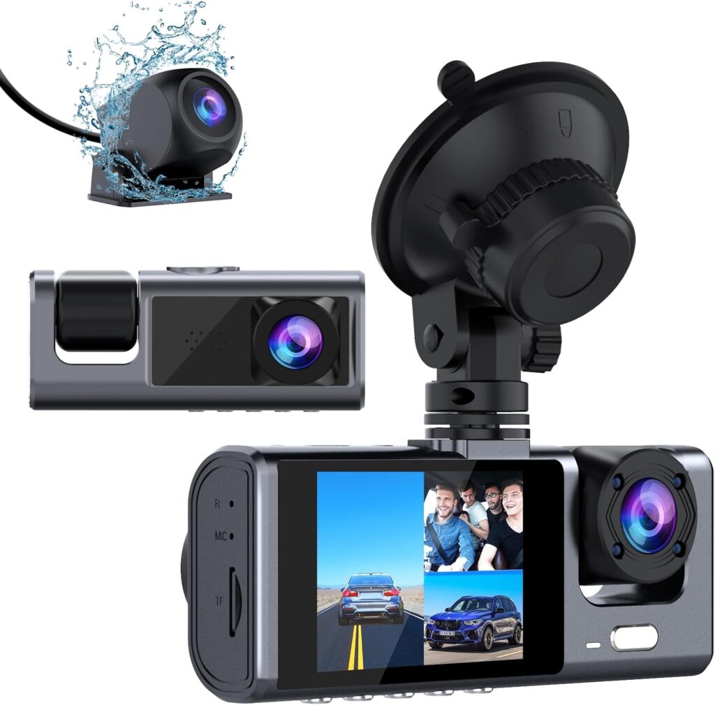 3 Channel Dash Cam Front and Rear Inside, 1080P Dash Camera for Cars, Dashcam Three Way Triple Car Camera with IR Night Vision, Loop Recording, G-Sensor, 24 Hours Recording, Support 128 GB Max