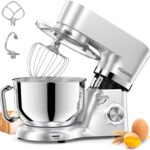 Stand Mixer, POWWA 7.5 Quart Electric Mixer, 6+1 Speed 660W Tilt-Head Kitchen Food Mixers with Whisk, Dough Hook, Mixing Beater & Splash Guard for Baking, Cake, Cookie (Silver-with Handle)