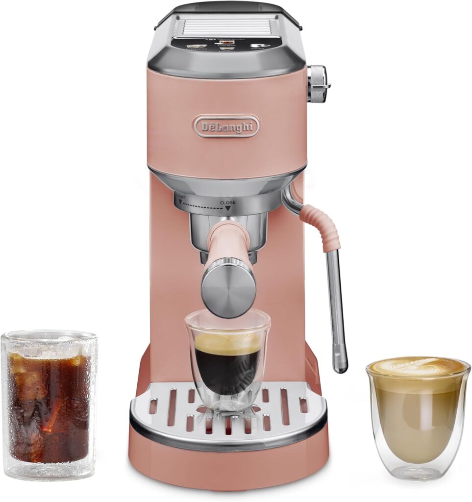 De’Longhi Dedica Duo Compact Espresso Machine – Cold Brew Coffee Maker with Milk Frother Wand- for Espresso, Hot & Iced Coffee, Cappuccinos, Lattes & Home Barista Brewing, Rosé Pink