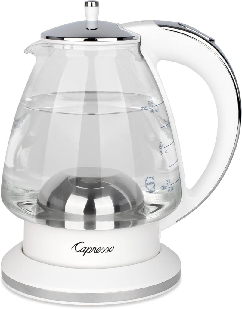 Capresso H2O Glass Kettle, 240.02, White and polished chrome, 48 ounces