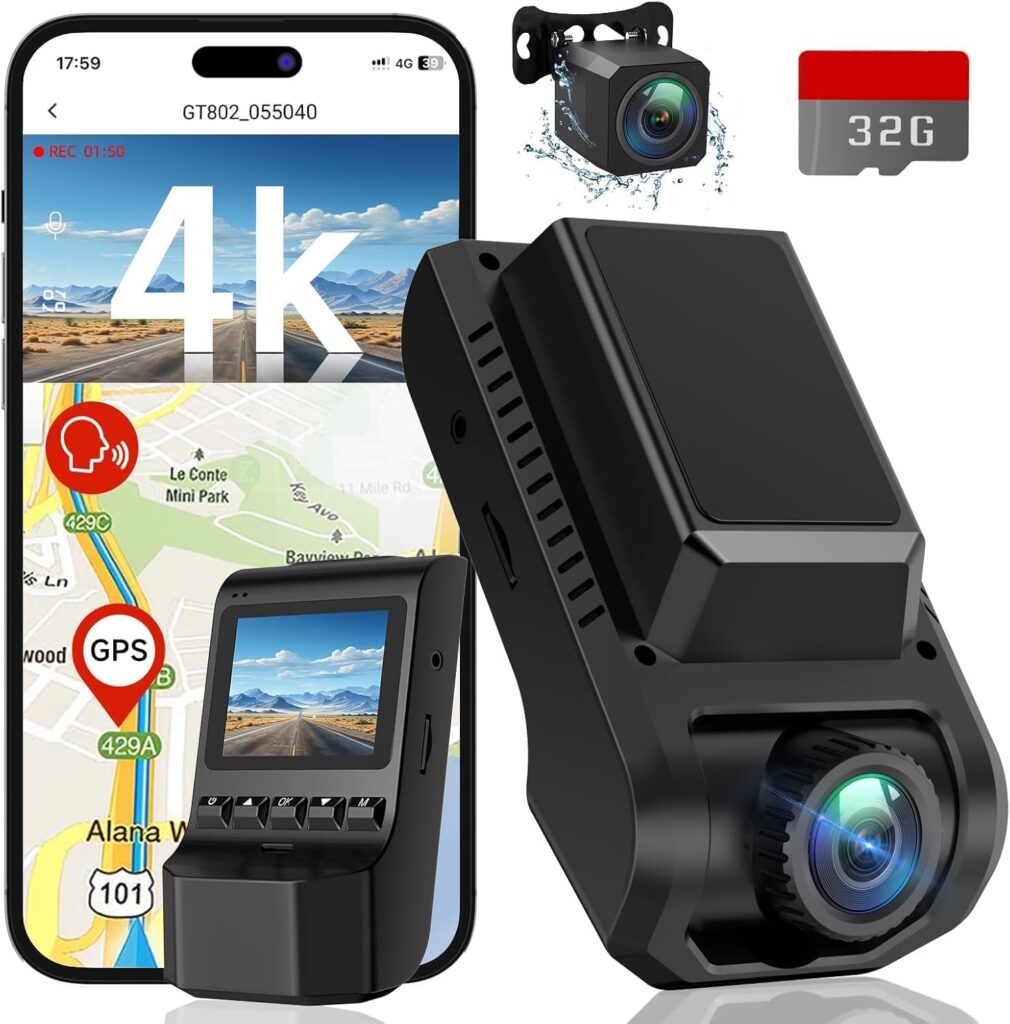 Dash Cam Front and Rear, 4K Ultra HD+1080P Dash Camera for Cars, Built-in Wi-Fi GPS, Included 32GB Card, 2.0” IPS Screen Mini Car Camera, App, Night Vision, 170°Wide Angle, 24H Parking Mode