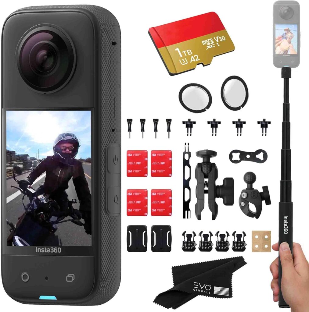 Insta360 X3 Motorcycle Bundle- Waterproof 360 Action Camera with 1/2″ 48MP Sensors, 5.7K 360 HDR Video, 72MP 360 Photo, 2.29″ Touchscreen|Includes Motorcycle Bundle, Selfie Stick, Lens Guard&1TB