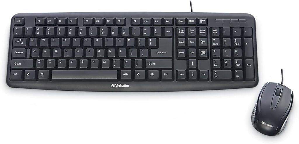 Verbatim Slimline Wired Keyboard and Mouse Combo USB Plug-and-Play Numeric Keypad Adjustable Tilt Legs Optical Corded Mouse Full-Size Computer Keyboard Compatible with PC, Laptop – FFP Packaging Black