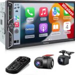 [QLED Screen Upgrade] 7″ Double Din Car Stereo with Dash Cam, Wireless Apple CarPlay and Android Auto, Bluetooth 5.3, 240W 4.2-Channel Audio Output, MirrorLink, Backup Camera, AM/FM Car Radio