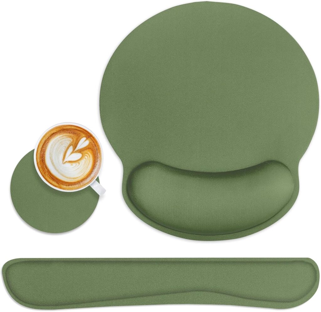 Britimes Green Ergonomic Mouse Pad Set with Wrist Rest Non-Slip Rubber Base Wrist Cushion Support and Coasters Mousepad with Wrist Support for Computer Keyboard and Desk
