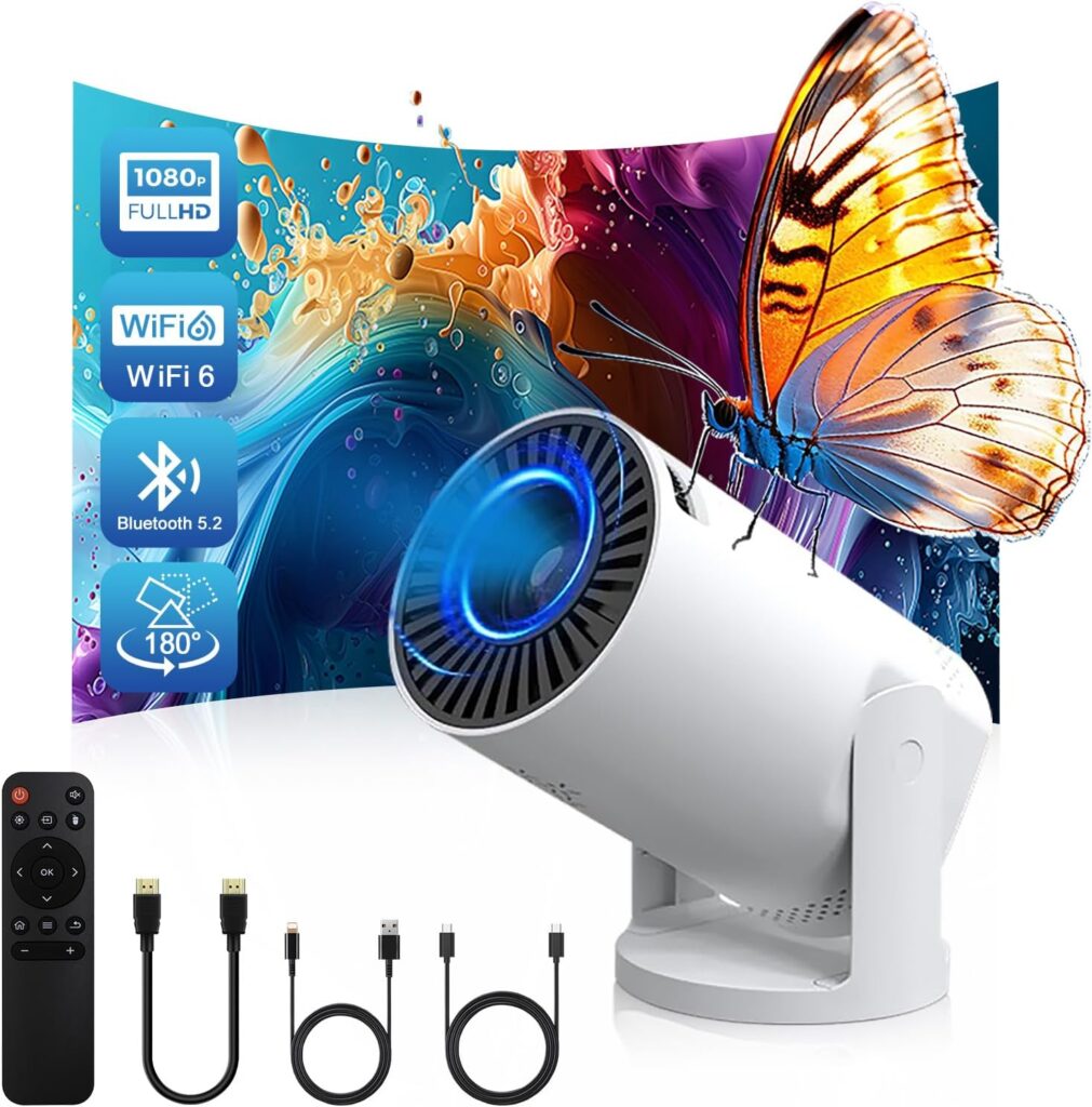 Wireless Mini Projector with WIFI 6 and Bluetooth, 4K 1080P Support Portable Projector 180° Rotatable. 17″-130″ Screen Video Projector. Compatible for Smartphone, Laptop, PC(Q5 mate)