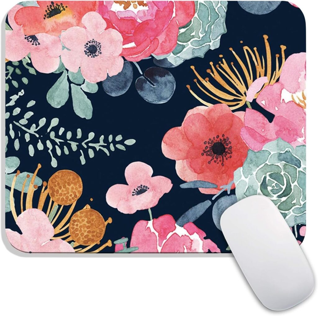 Square Mouse Pad Pink Flower, Personalized Premium-Textured Custom Mouse Mat Design, Washable Mousepad Cloth, Non-Slip Rubber Base Computer Mouse Pads for Wireless Mouse