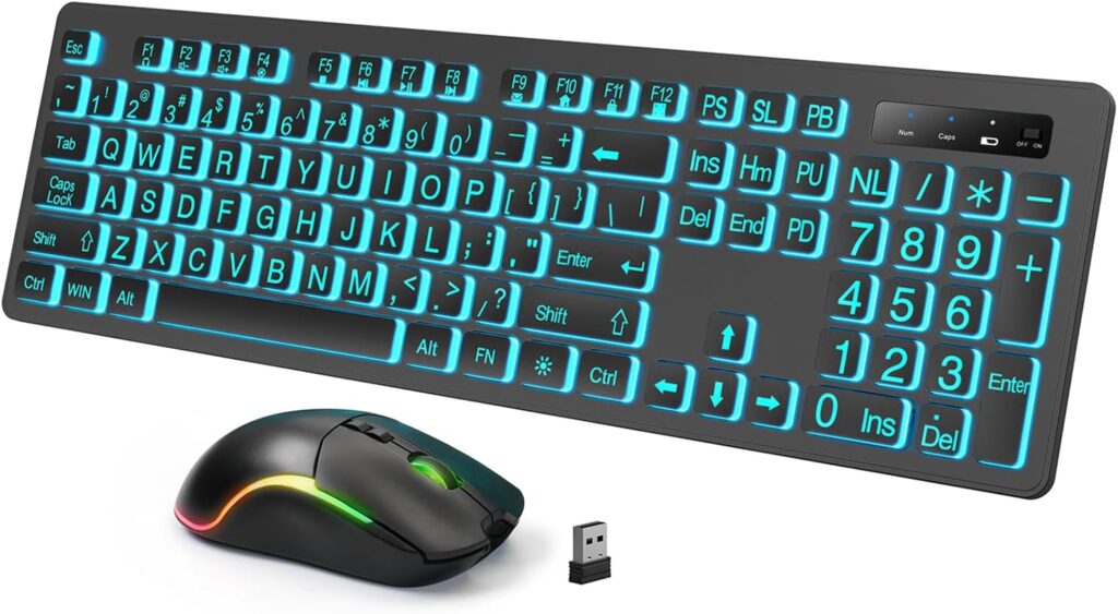 Backlit Large Print Wireless Keyboard and Mouse Combo, 2.4G Full Size Keyboards with Light Up Large Keys, Oversize Letters Keys Easy to See and Type, Quiet Keyboard Mouse for Windows, Laptop, PC