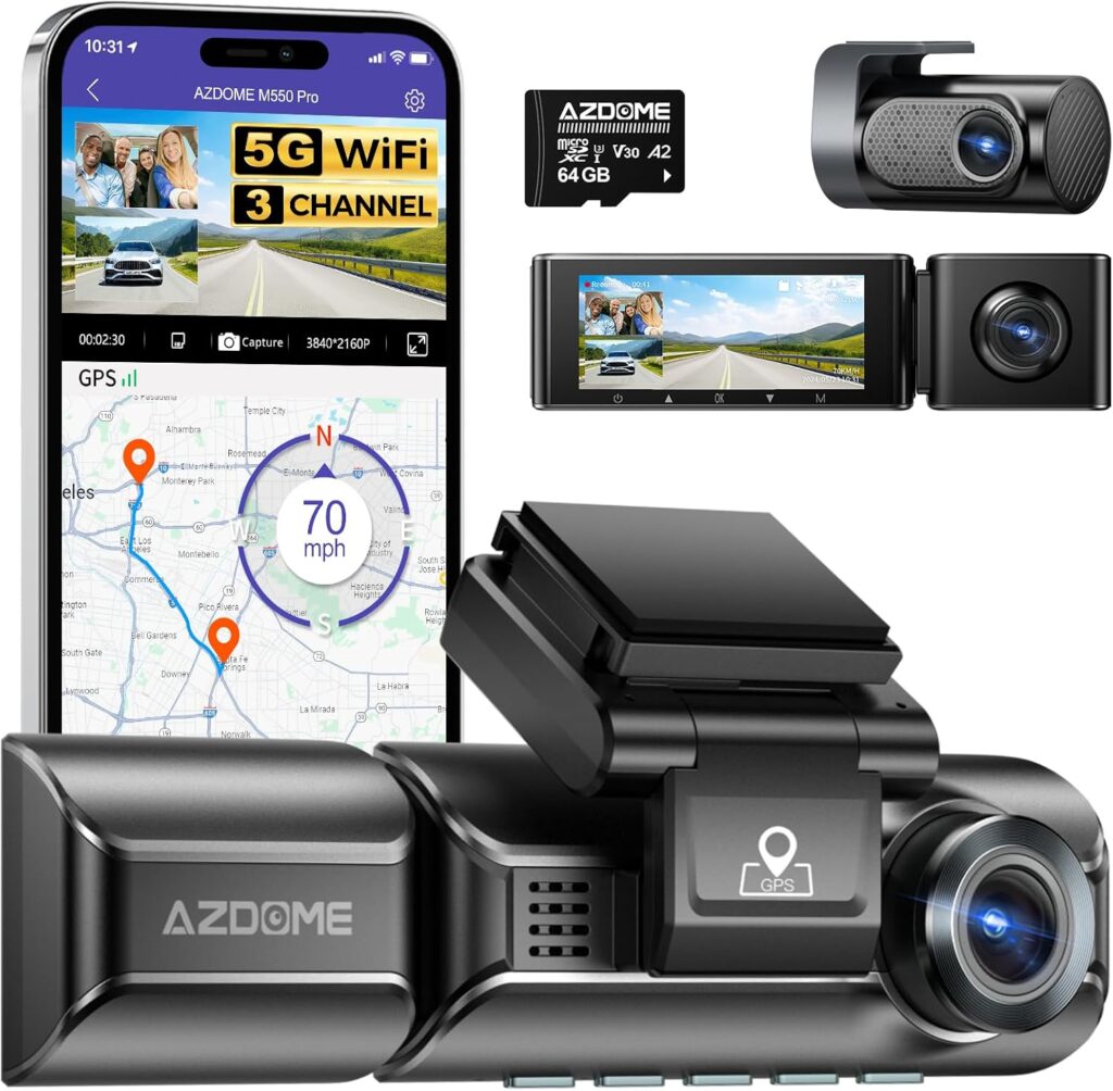 AZDOME M550 Pro 5G WiFi 3 Channel Dash Cam Built-in GPS, 4K Dual Dash Camera Front and Rear with 64GB Card, 2.5K+1080P+1080P Triple Car Camera, 3.19″ IPS Screen, IR Night Vision, 24H Parking Mode