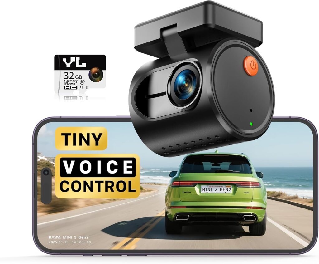 KAWA 2K Tiny Dash Cam, 1296P QHD Mini Car Camera DashCam – Voice Control, G -Sensor, Free 32GB TF Card, Built-in WiFi, APP Control, WDR/3D DNR with Super Night Vision, 24H Parking Mode