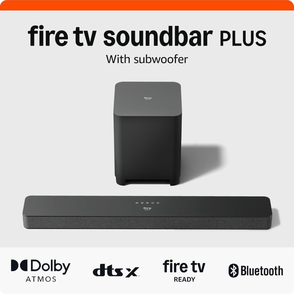 Amazon Fire TV Soundbar Plus with subwoofer (newest model), 3.1 channel, Dolby Atmos, DTS:X, clear dialogue