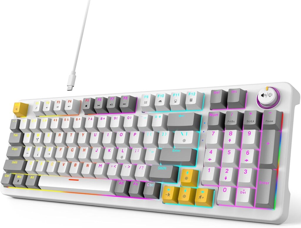GEEZER AK96 Mechanical Gaming Keyboard, Pre-Lubed Red Switches, 96 Keys Full Size with LED Colorful Backlit, Clicky Creamy Sound, USB Wired Computer Keyboard with Volume Knob for PC, Mac, Windows