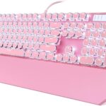 Camiysn Typewriter Style Mechanical Gaming Keyboard, Pink Retro Punk Gaming Keyboard with White Backlit, 104 Keys Blue Switch Wired Cute Keyboards, Round Keycaps for Windows/Mac/PC
