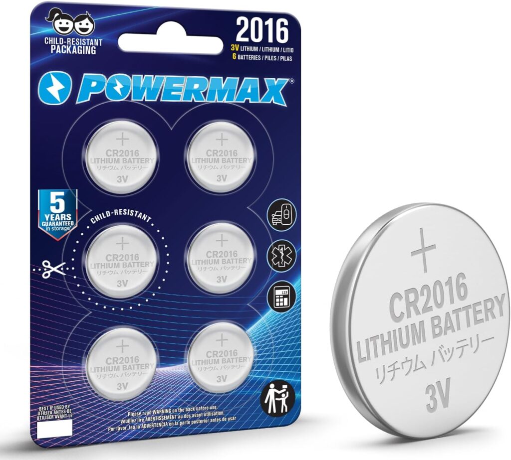 Powermax 6-Count CR2016 Batteries, Lithium 3V Coin Cell Button Battery Pack for Watch and Small Electronics, 5 Year Shelf Life