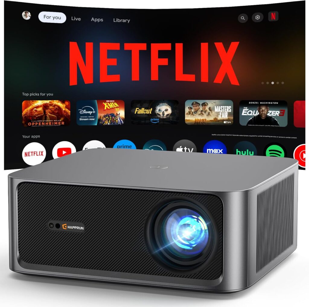 2500 ANSI Lumen Official Netflix Licensed 4K UHD Smart Projector, HAPPRUN Home Theater with Dolby Audio, Wi-Fi 6 & Bluetooth 5.2, Built-in Streaming Apps, Works with Smartphones, Indoor & Outdoor Use