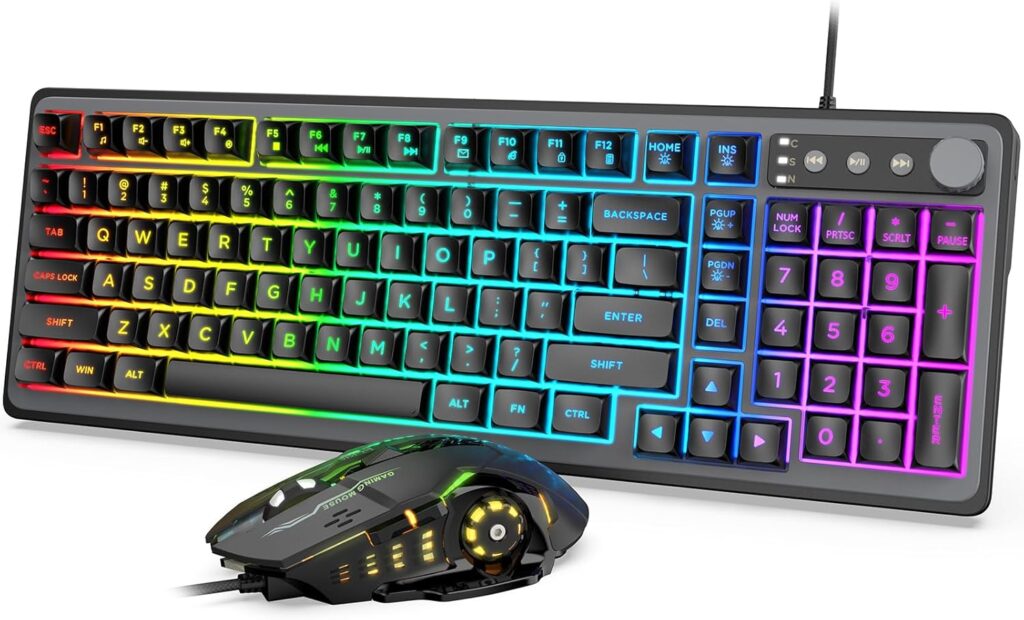 Gaming Keyboard and Mouse Combo – RGB Backlit 14 Lighting Effects, USB Wired Computer Keyboard, 26-Key Anti-Ghosting, Volume Wheel, Quiet Typing, Adjustable DPI Mouse for Gaming & Work, Trueque