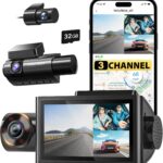 WOLFBOX i07 3 Channel Dash Cam Built-in WiFi GPS, 4K Dash Camera Front and Inside, 1440P+1080P+1080P Triple Car Camera with 3″ LCD Screen, 32GB Card Included, IR Night Vision, 24H Parking Mode