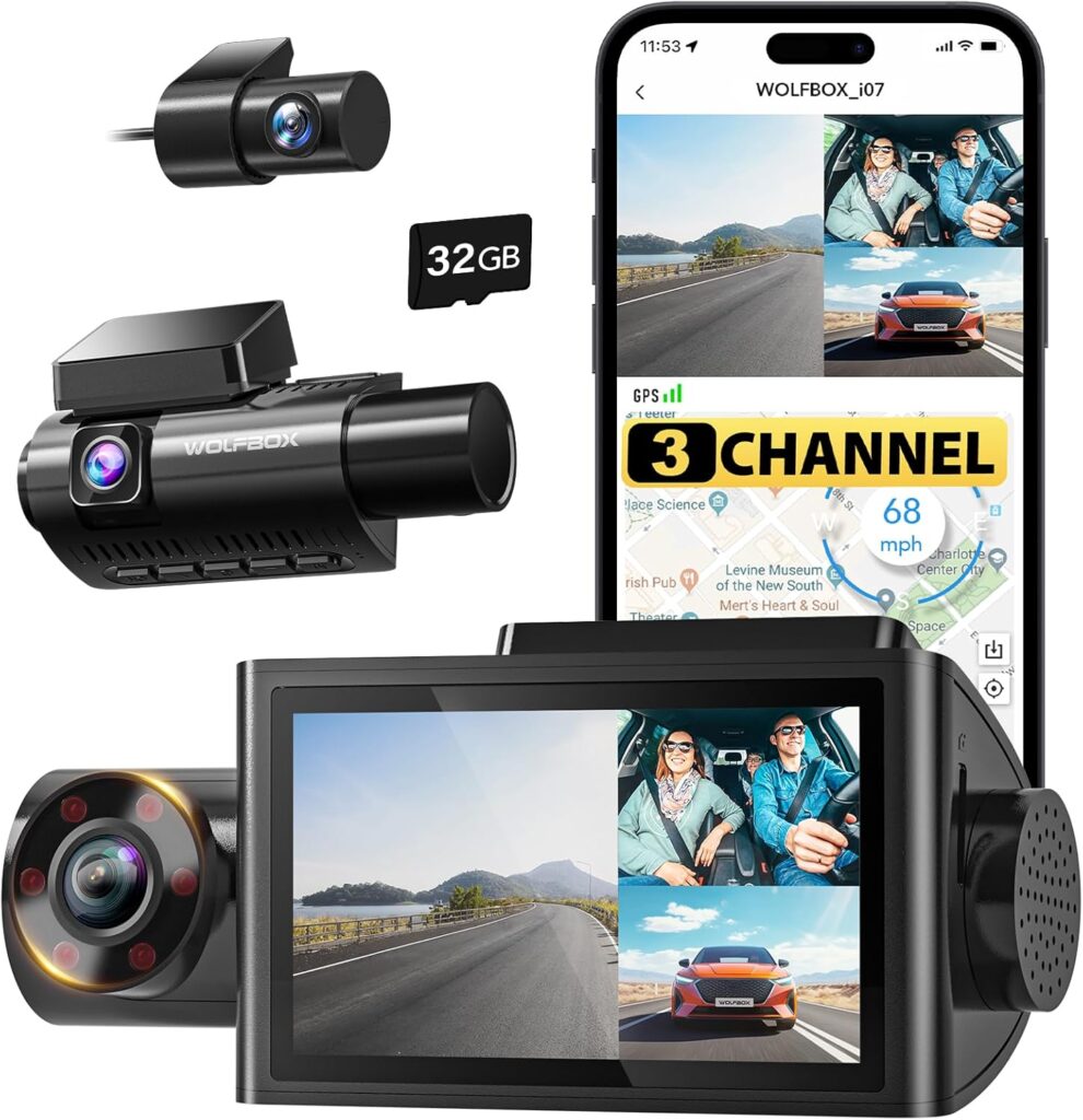 WOLFBOX i07 3 Channel Dash Cam Built-in WiFi GPS, 4K Dash Camera Front and Inside, 1440P+1080P+1080P Triple Car Camera with 3″ LCD Screen, 32GB Card Included, IR Night Vision, 24H Parking Mode
