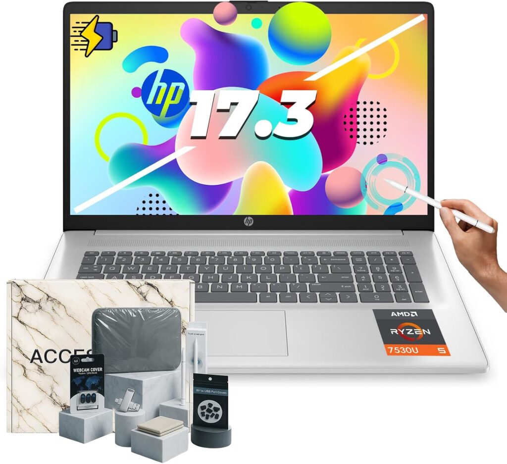 HP 17.3-inch Flagship Touchscreen Laptop – Win 11 Pro • AI-Powered Copilot • AMD R5-7530U • 17.3″ HD+ BrightView Display • Wi-Fi 6, w/Laptop Computer Accessories (64G RAM, 2TB SSD)