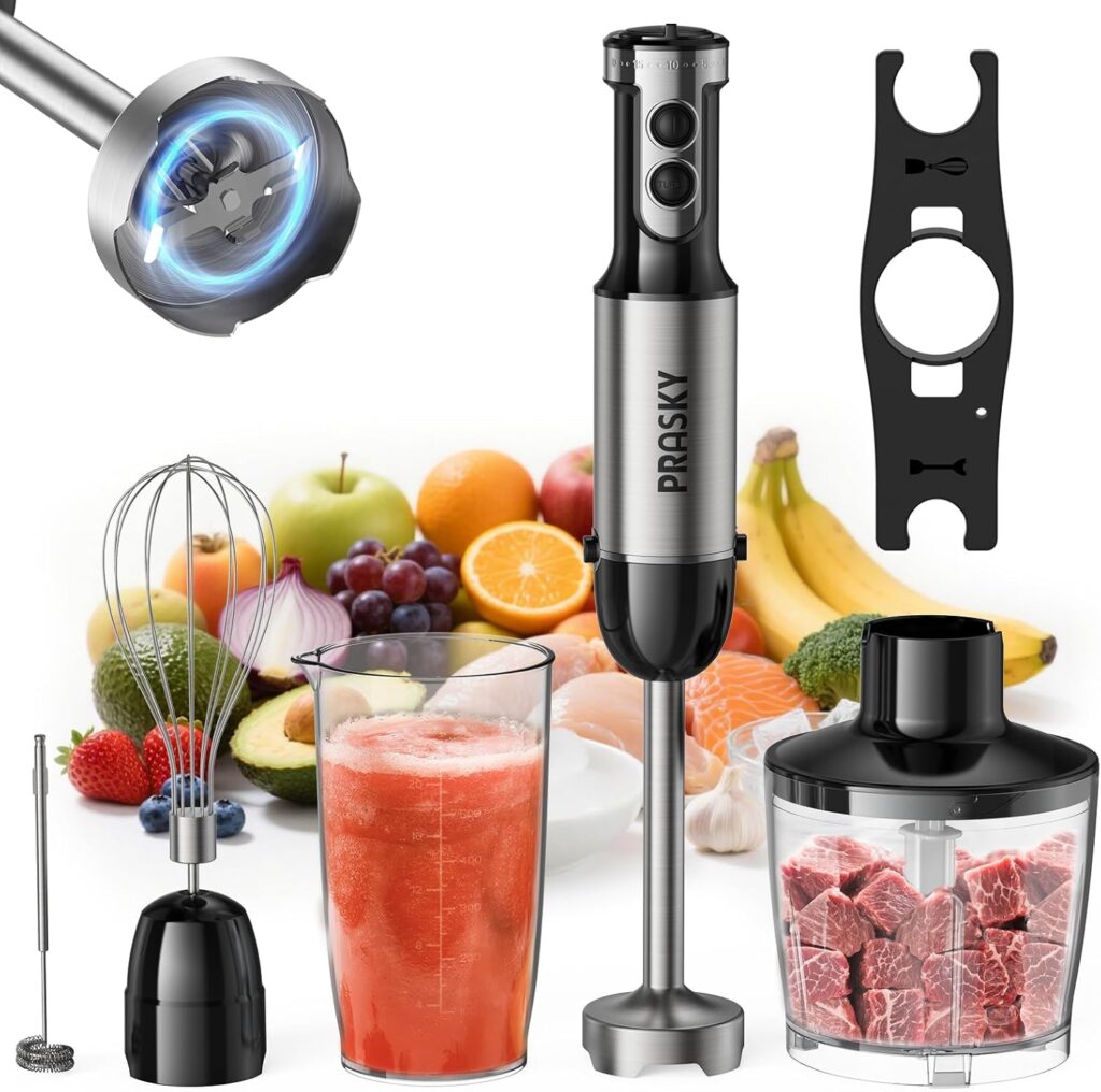 Immersion Blender, PRASKY 1200W 20 Speeds Electric Handheld Portable Stick Mixer, 5-in-1 Hand Blender Stainless Steel with Turbo Mode,Chopper, Whisk, Milk Frother for Soup, Smoothies,Puree, Baby Food