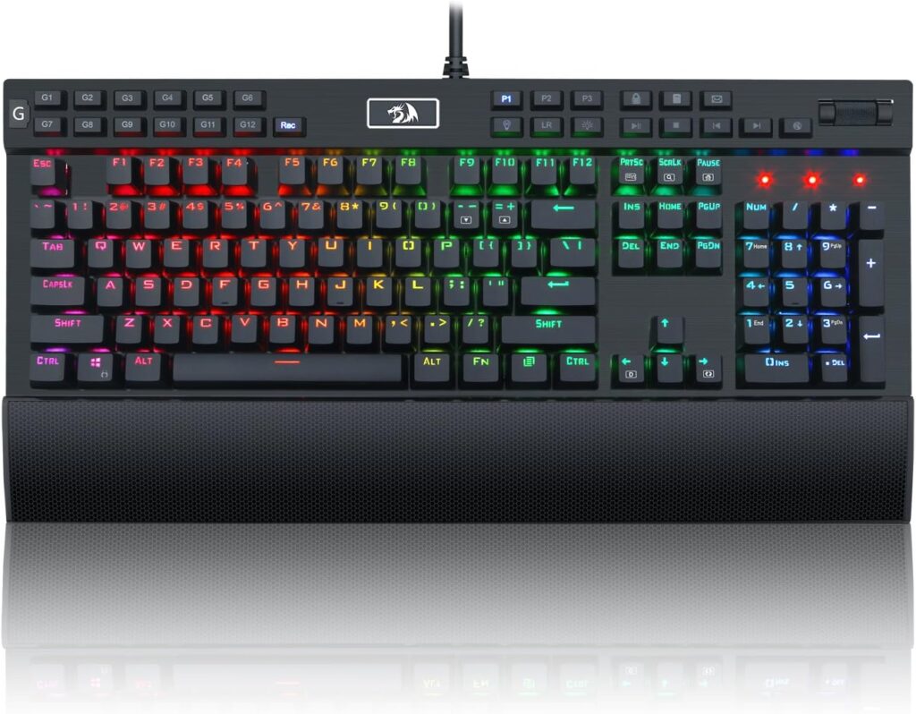 Redragon K550 RGB Gaming Keyboard, 104 Keys + 12 Macro G Keys Wired Mechanical Keyboard w/Aluminum Top Plate, Custom Clicky Purple Switch, Extra USB Port & Wrist Rest