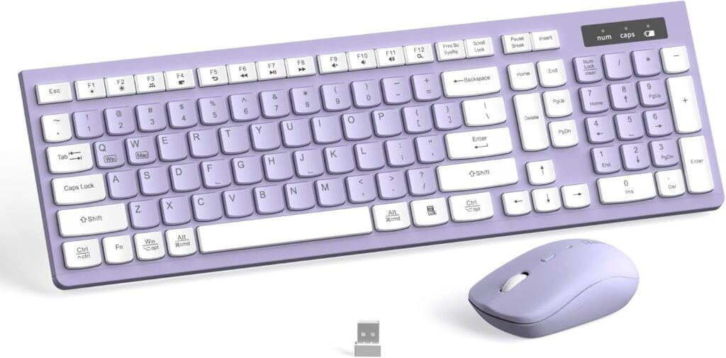 Wireless Keyboard and Mouse Combo, Full-Sized Wireless Keyboard and Adjustable DPI Mouse, 2.4GHz USB Receiver, Silent Keyboard and Mouse for PC, Windows, MAC, Desktop, Laptop(Purple)