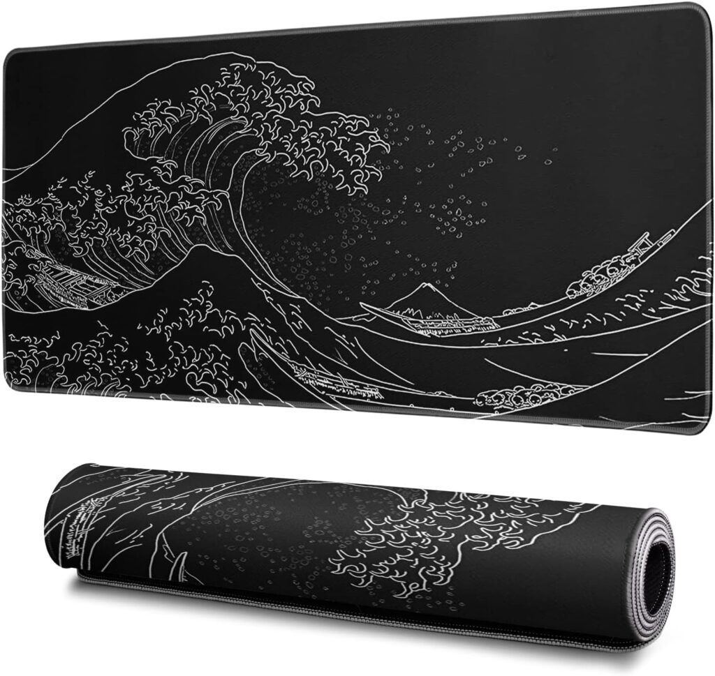 Japanese Gaming Mouse Pad Abstract Black Mouse Pad 31.5×11.8 Inch Black Sea Wave Texture Non-Slip Rubber Base Large Ocean Mousepad Stitched Edges Keyboard Mouse Mat Desk Pad for Office and Home
