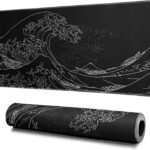 Japanese Gaming Mouse Pad Abstract Black Mouse Pad 31.5×11.8 Inch Black Sea Wave Texture Non-Slip Rubber Base Large Ocean Mousepad Stitched Edges Keyboard Mouse Mat Desk Pad for Office and Home