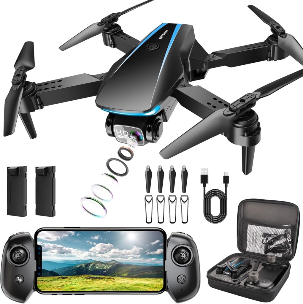 Drone with Camera – Drones for Adults, with 2 Batteries, Carrying Case, Propellers, 1080P HD Foldable Drone with Stable Hover, Trajectory Flight, Gravity Control, One Key Take Off/Land, 3D Flip