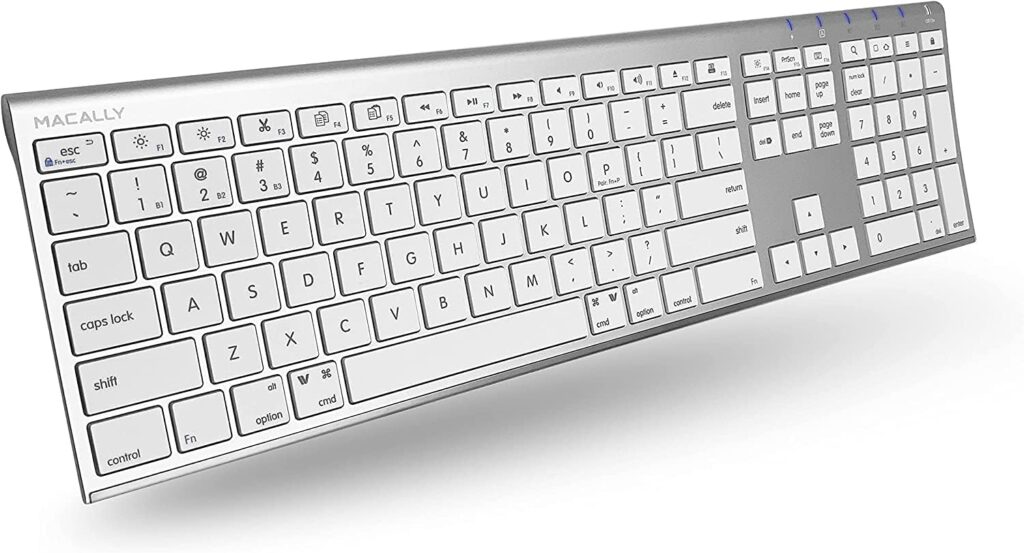 Macally Wireless Bluetooth Keyboard for Mac – Compatible Apple Keyboard or MacBook Pro/Air, iMac – Multi-Device, Up to 3 Devices with 110 Keys, 20 Shortcuts, Numeric Keypad, and Rechargeable – Silver